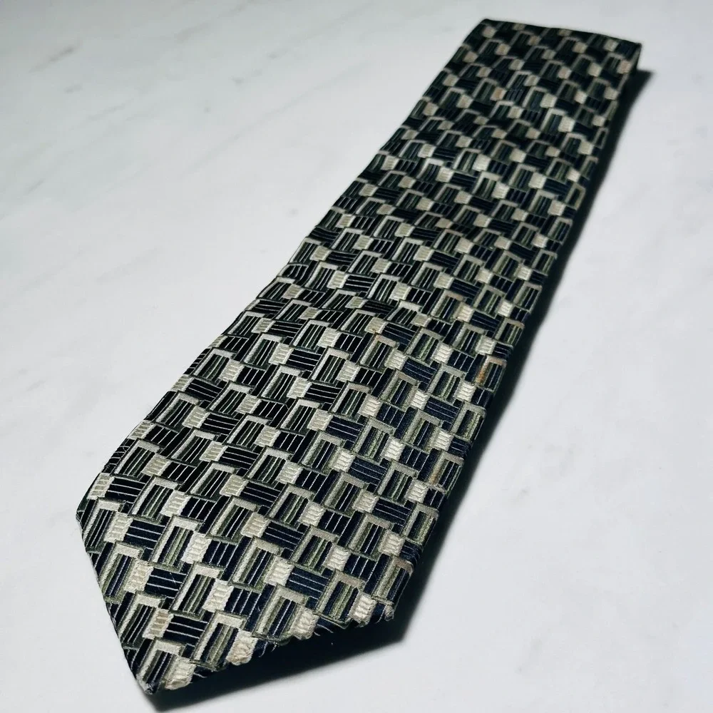 BURMA BIBAS Geometric 2-Tone Green Blue Check 100% Silk Necktie Tie